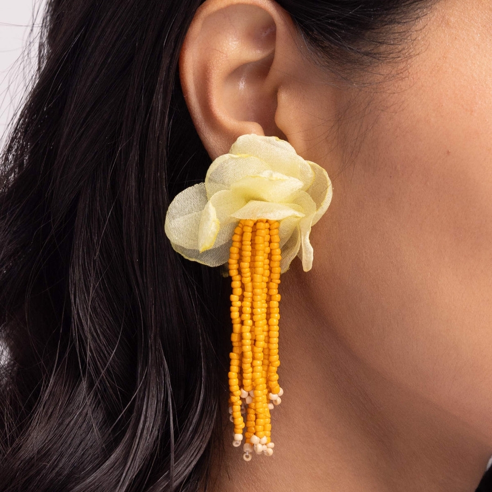 Yellow Beaded Floral Earrings